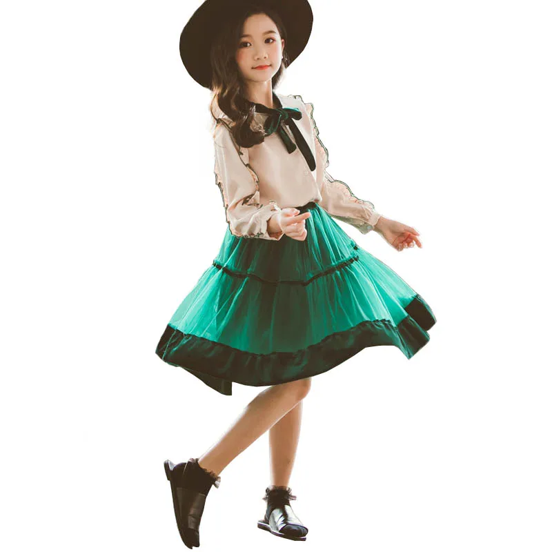 

Teenage Suit for Girls Clothes Sets Autumn Chiffon Girls Blouse +Skirts 2pcs Kids Clothing Bow Ruffle Sets Kids Outfits 4-14