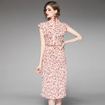 

2020 New Summer Prairie Chic Fashion 2 Piece Set Elegant Women Turn-down Collar Sleeveless Blouse+Skirt Chiffon Print Two Piece