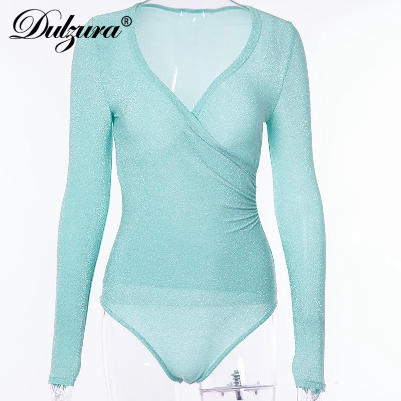 Dulzura glitter sparkle bling long sleeve women bodysuit V neck sexy 2018 autumn winter cross solid party club female body new