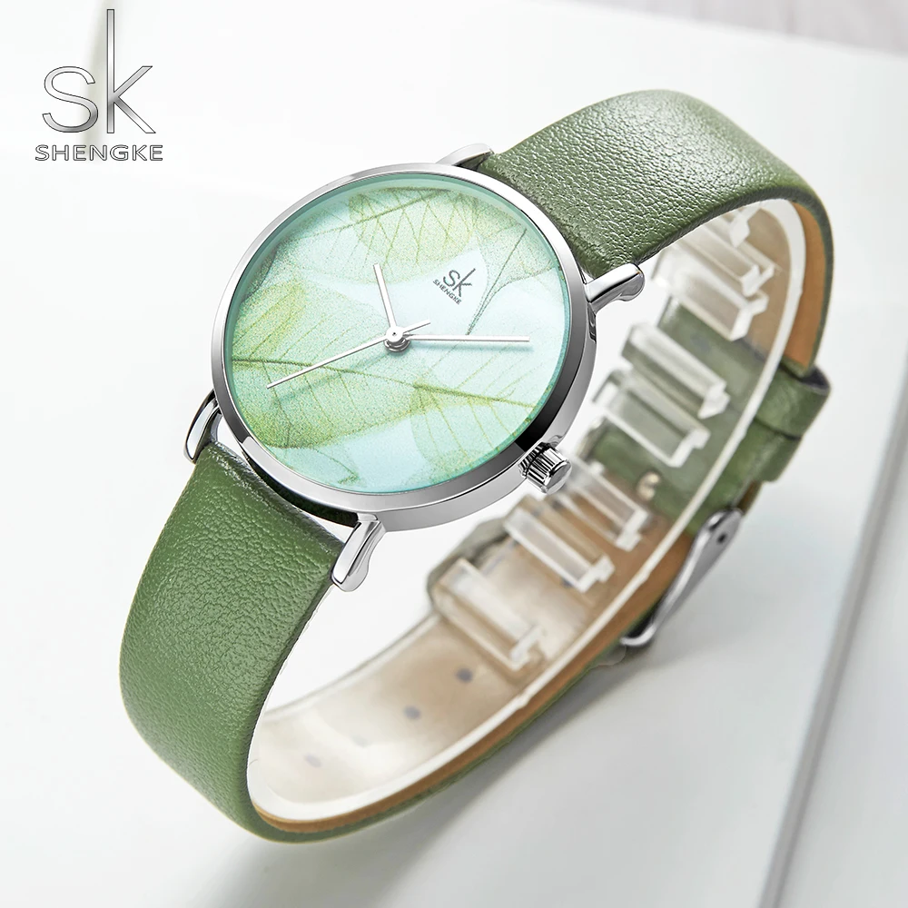 Kopen Shengke Mode Nieuwe Vrouwen Horloge Green Dial Slanke Lederen Band Quartz Horloges Eenvoudig Ontwerp Ultra Dunne Case Zegarek Damski