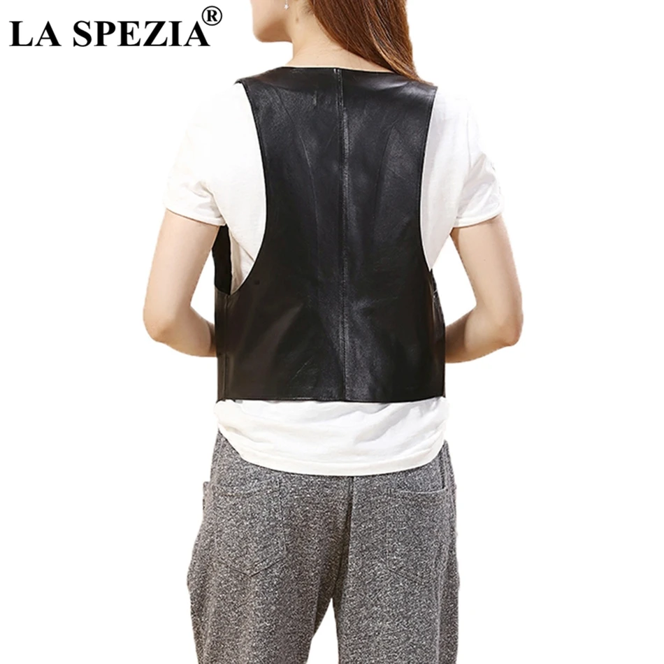 LA SPEZIA Genuine Leather Vest Womens Black Plain Waistcoat Female OL V Neck Solid Real Leather Ladies Fashion Spring Gilet 2019