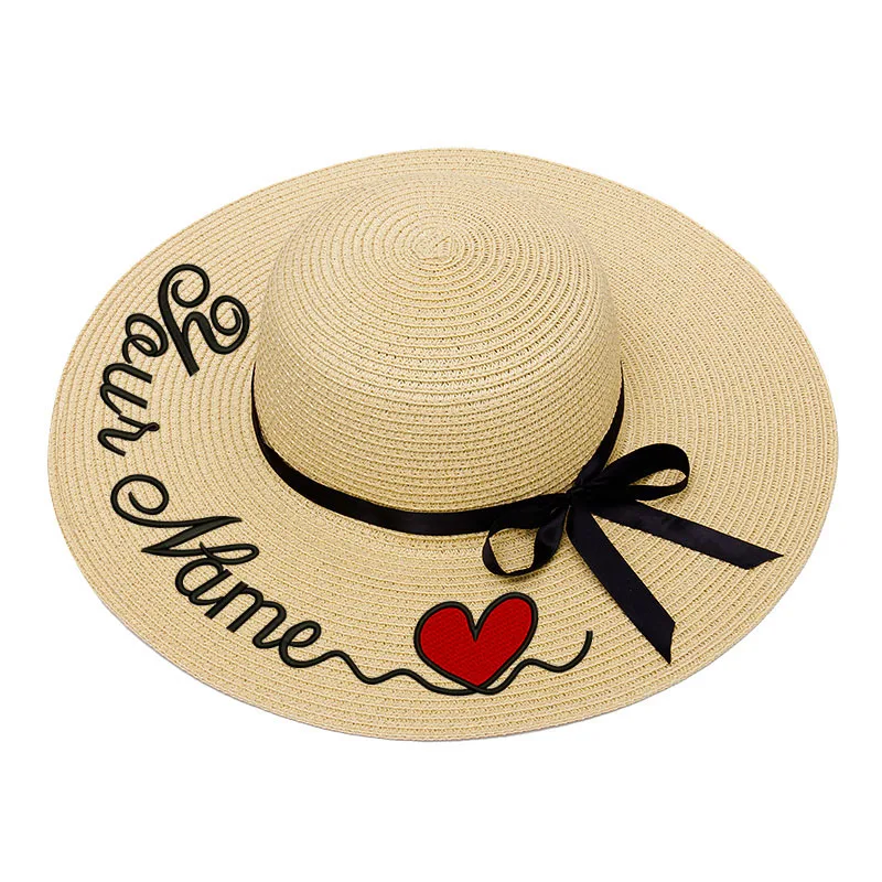Online Bordado personalizado texto personalizado logotipo bordado mujeres sombrero de sol sombrero de paja de ala grande sombrero de playa al aire libre gorra de verano Dropshippin