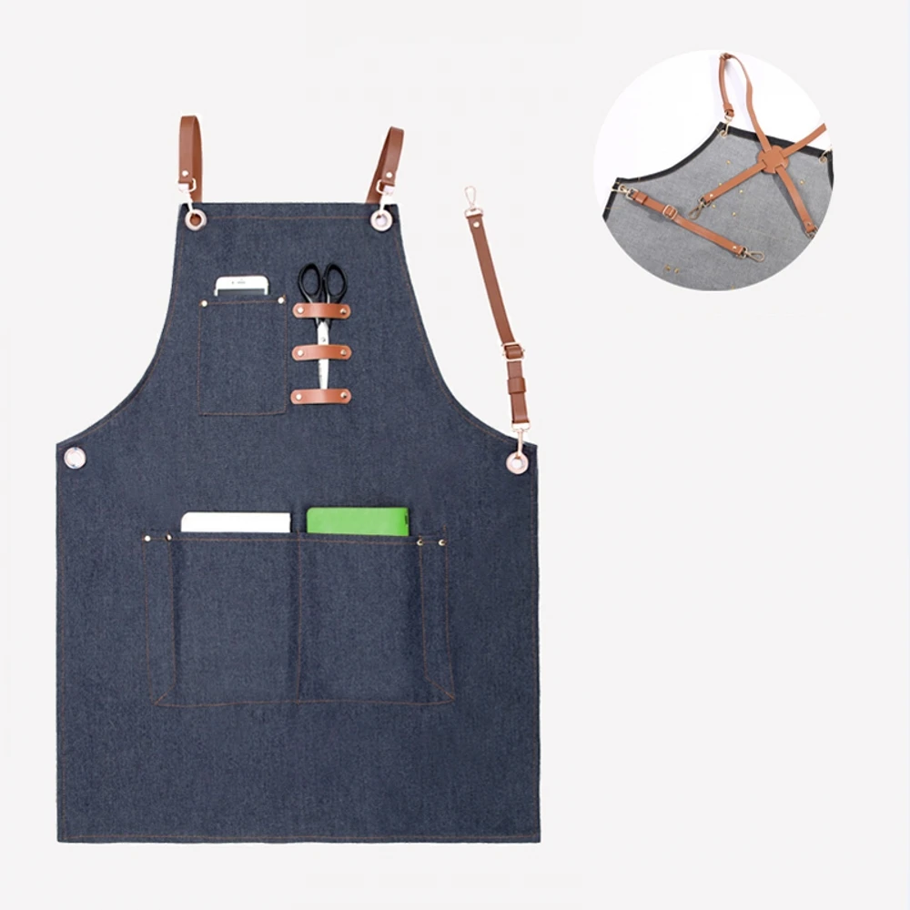4 Styles Unisex cotton Denim aprons leather Uniform pinafore for Woman