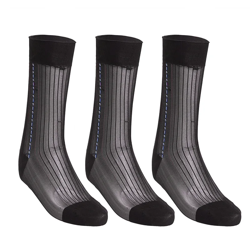 3 пары, черные мужские повседневные летние полосатые жаккардовые Прозрачные шелковые носки, дышащие полосатые жаккардовые носки с узором