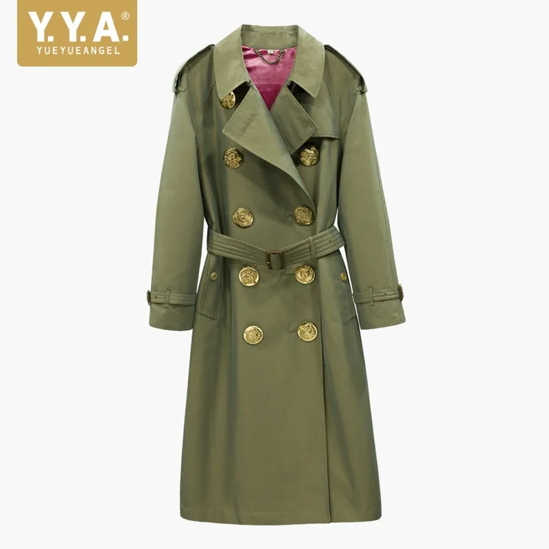 

Brand Luxury Autumn Double Breasted Military Green Trench Coat Female 2019 Button Designer Belted Long Coats Ladies Windbreaker