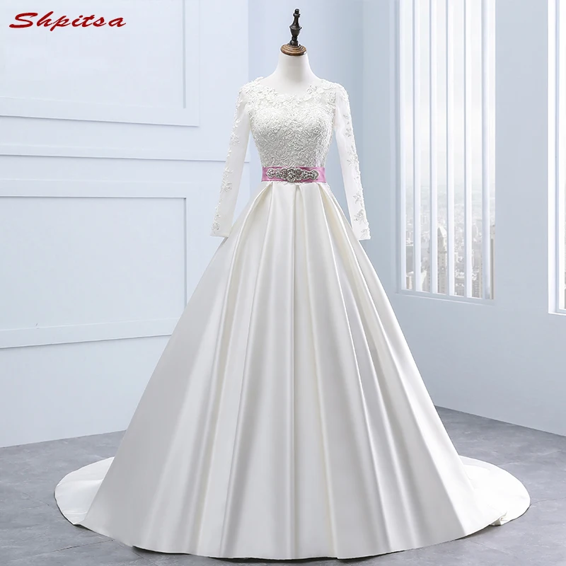 

Lace Wedding Dresses with Long Sleeves Satin A Line Chinese Wedding Gown 2018 Weeding Bridal Bride Dresses Weddingdress
