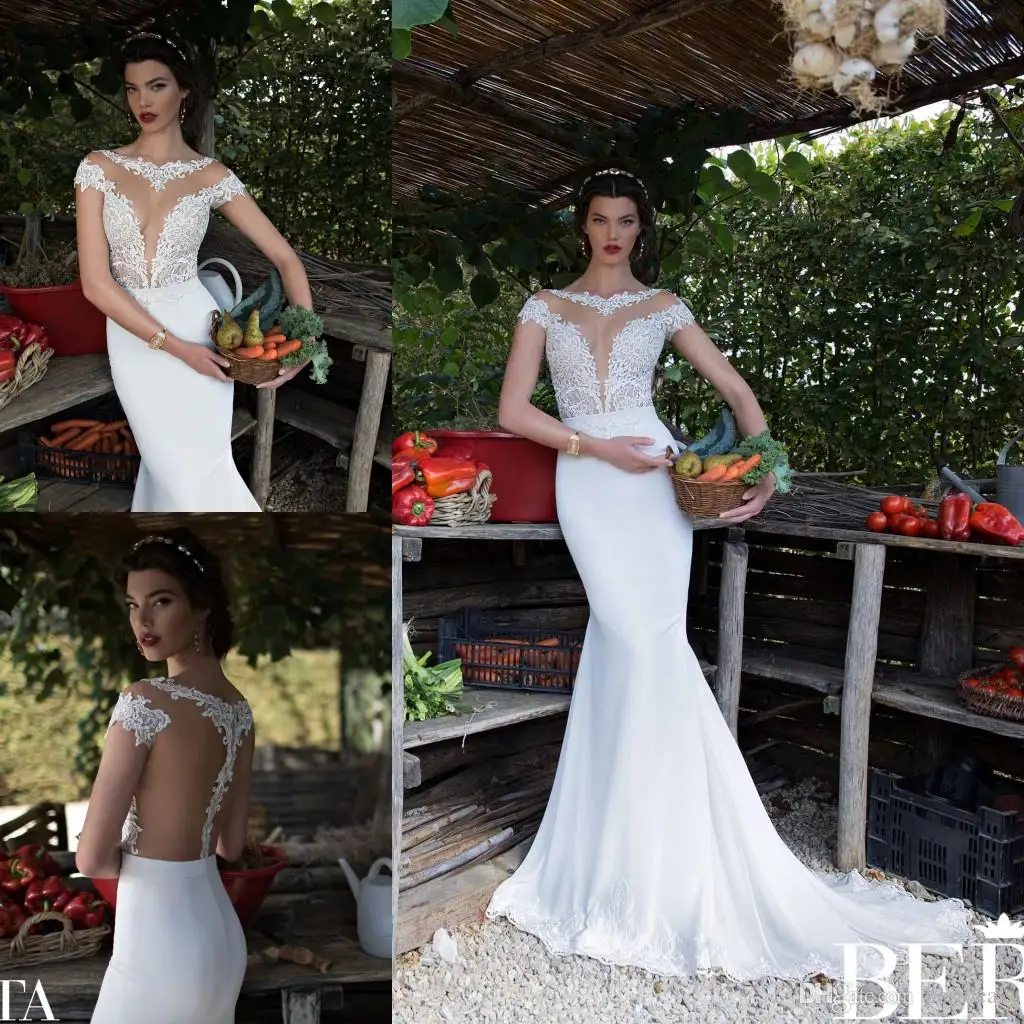  Berta Crew Neck Lace Chiffon Mermaid Wedding Dresses 2016 Spring Summer Sheer Cap Sleeves Sheer Back Sweep Train Beach Bridal Gowns BA0260