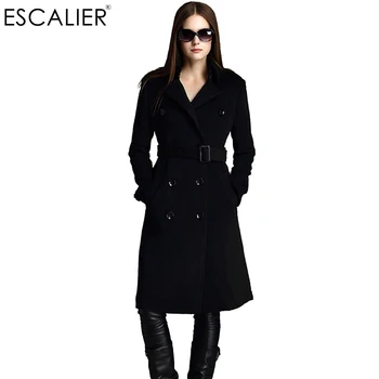 

ESCALIER Free Shipping Winter Women Coats Wool Blend Overcoat X Long Woolen Sashes Pockets Outerwear Double Breasted Coat