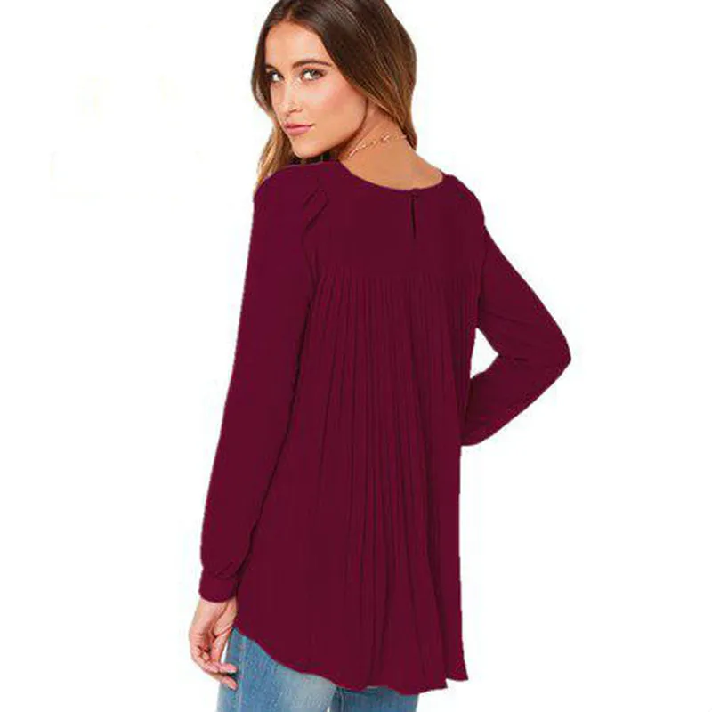 

Western style New Loose Round Neck Folds Solid Color Chiffon Shirt Sleeve Head Swallowtail Plus Size S-5XL chiffon blouse