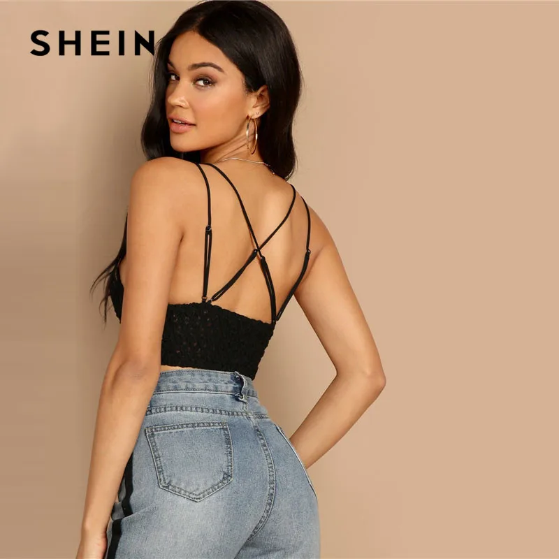 SHEIN черный кружевной топ с перекрестными бретельками на спине, женские летние топы, сексуальный облегающий топ с открытой спиной на тонких бретельках