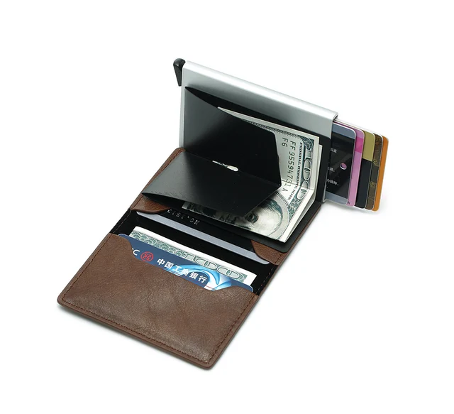 DIENQI Anti Rfid Protection Men Women Credit Card Holder Leather Vintage Slim Mini Wallet Metal Aluminum Business id Card Case -