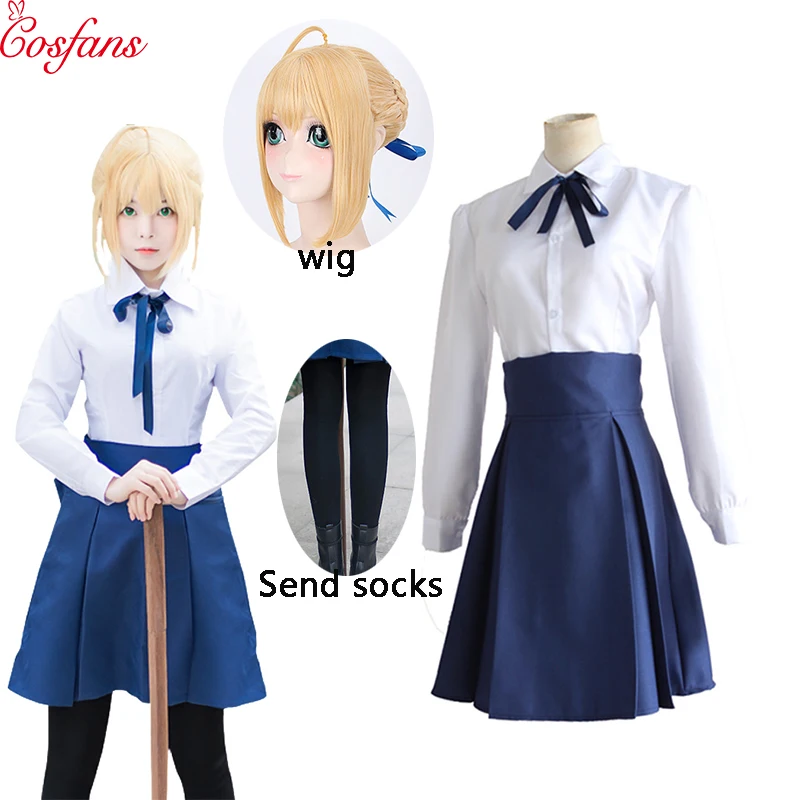 Аниме Fate/Stay Night Saber косплей костюм белый и синий Униформа юбка Carnaval Disfraces костюмы на Хэллоуин для женщин и парик