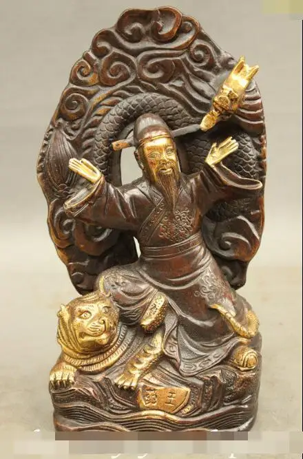 

S03376 10" Chinese Bronze Gilt Famous King Medicine Sun SiMiao Ride Tiger Dragon Statue (B0413)