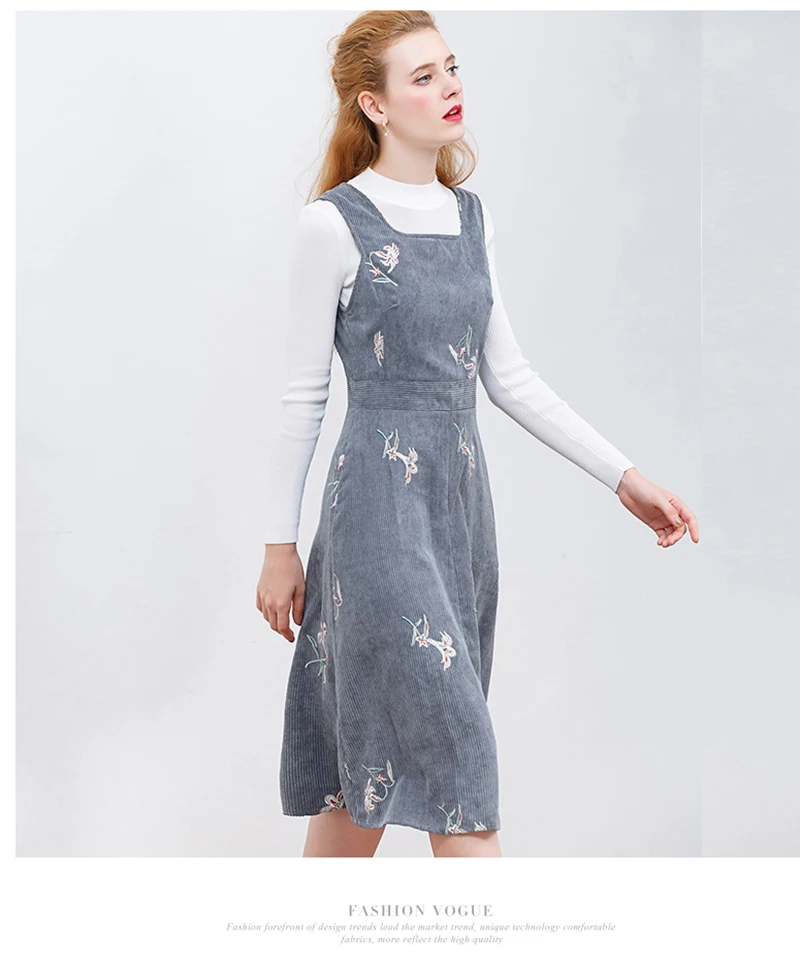 HELIAR Winter Sleeveless Embroidery Corduroy Dress Elegant Women Velvet Dress A-Line Dresses Pocket Grey Vintage Vestidos