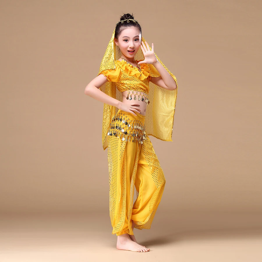 Сари, детская одежда для индийских танцев, костюм из 4 предметов(Топ, пояс, штаны и головной убор), Танцевальные Костюмы Болливуда