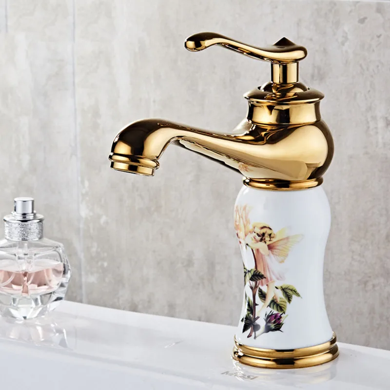

Free shipping Luxury angel golden basin faucet and rose gold bathroom mixer tap, European style gold bathroom water faucet