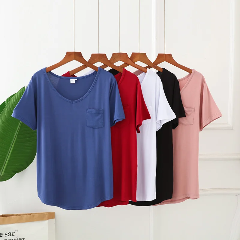 

New Women's Pocket T-shirt Summer Plus Size Tee Basic Shirts Women Solid V Neck Short Sleeve Long Casual Loose Female Tops Femme