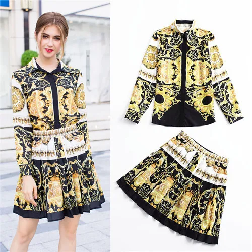 famous brand fashion long sleev blouses and skirt 2 pieces