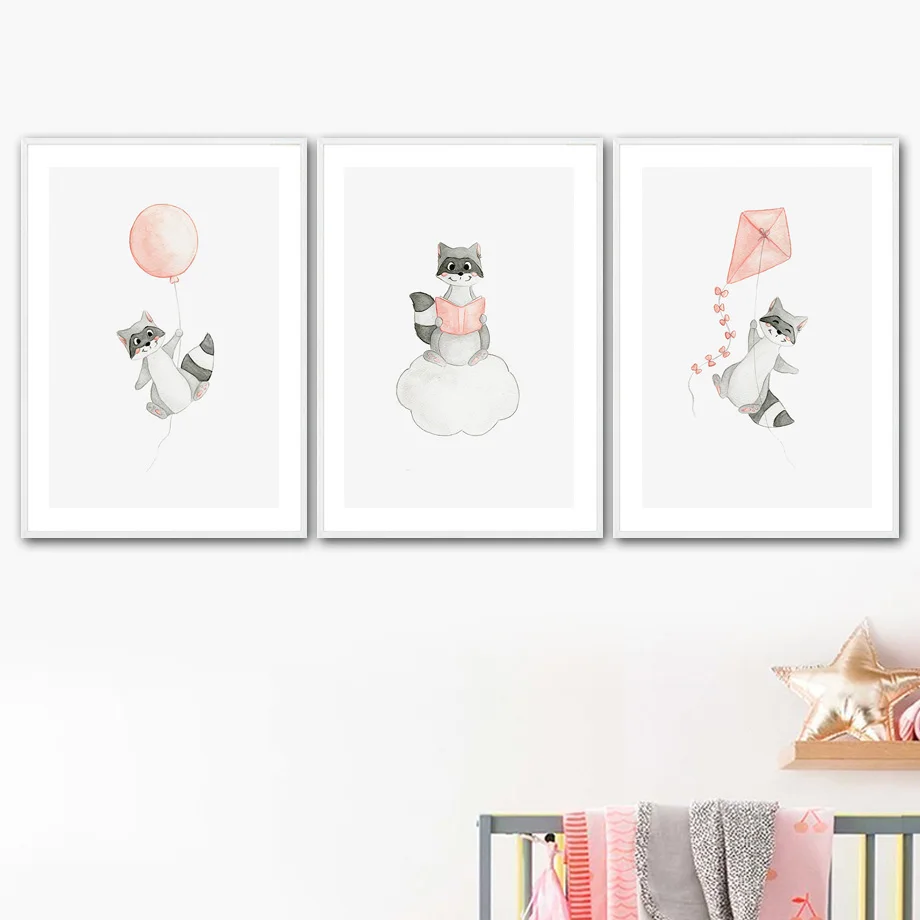 Raccoon Fly a kite Balloon Cloud Nursery Nordic Posters And Prints Wall Art Canvas Painting Pictures Baby Kids Room Decor | Дом и сад