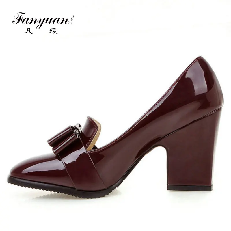 2017 Lady High Quality PU Leather Thick Heel Women’s Pumps For Women Fashion Bowtie Square Toe High Heel Slip On Pumps Shoes