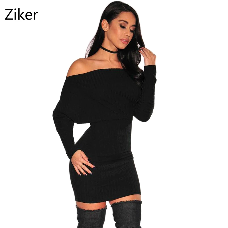Fashion Winter Women Sweater Dresses Slash Neck Batwing Sleeve Solid Slim Knitted Dress Sexy Mini Bodycon