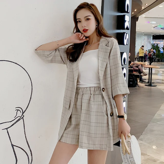 Chic Plaid Women Short Suits Notched Collar Blazer Jacket & Elastic ...