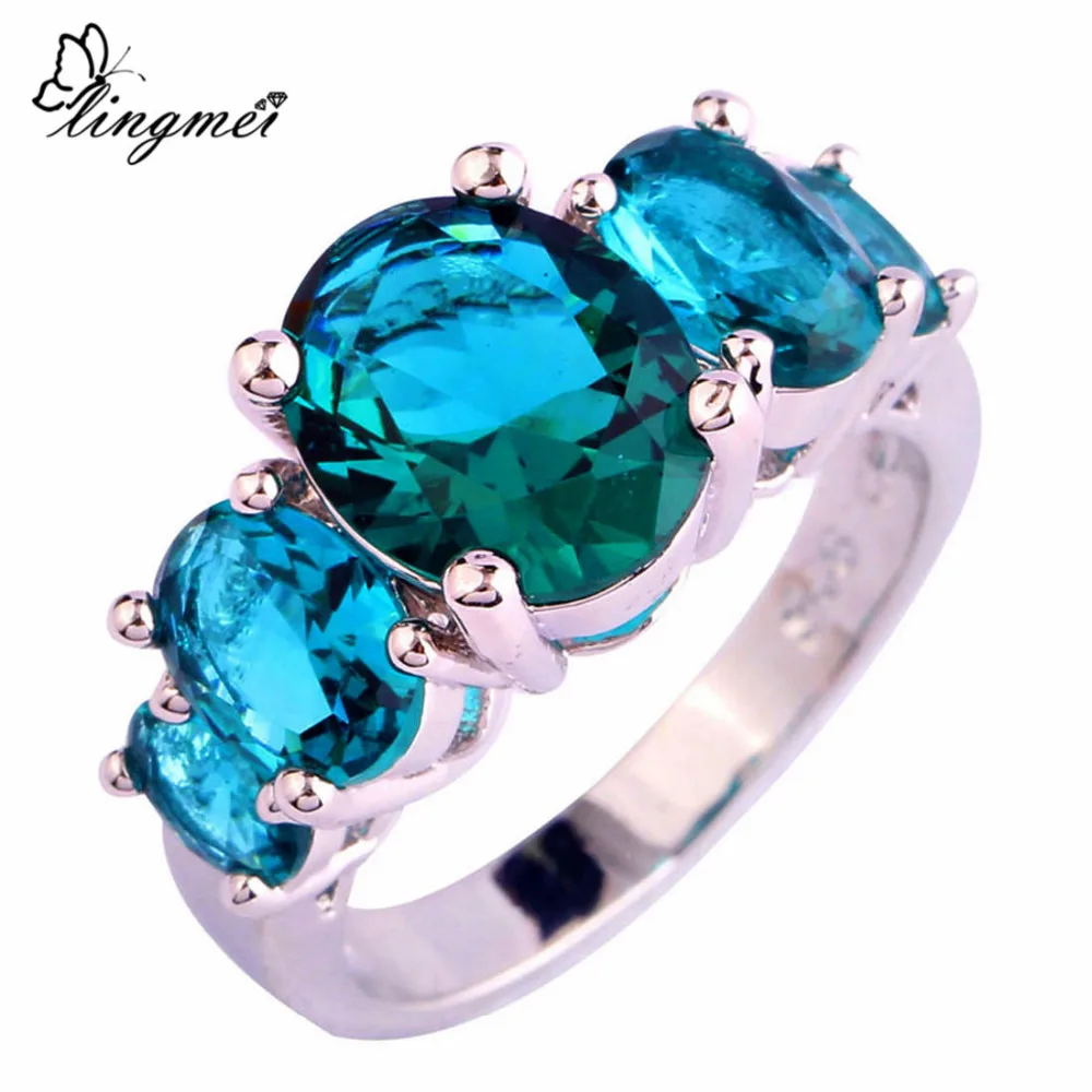 

lingmei Wholesale Unisex Stylish Oval Cut Green CZ Silver Ring Size 6 7 8 9 10 11 12 13 Facile Design European Jewelry Rings