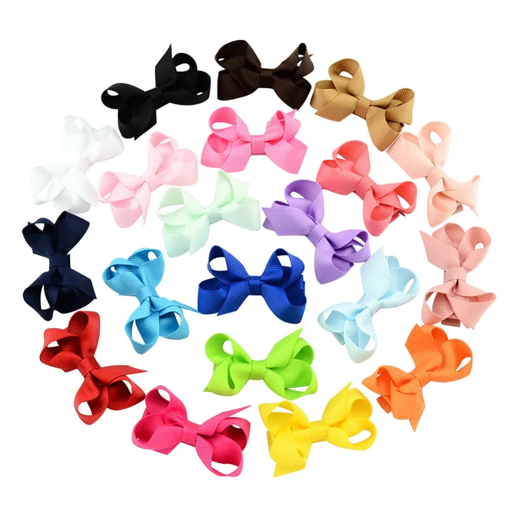 

20pcs/lot Soild Baby Girl Hair Bows Colorful 2.4 inch Mini Ribbon Lined Alligator Epidemic Hairpins for Children Headwear 645
