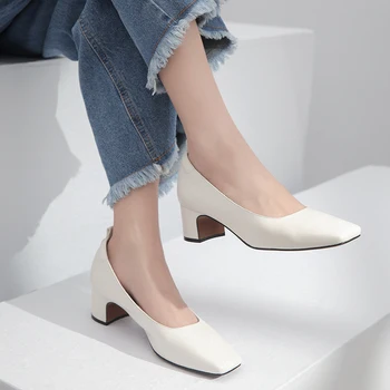 

Women Pumps Genuine Leather 22-25 cm length Autumn and winter full and thick leather with square head soft sole shoes casual