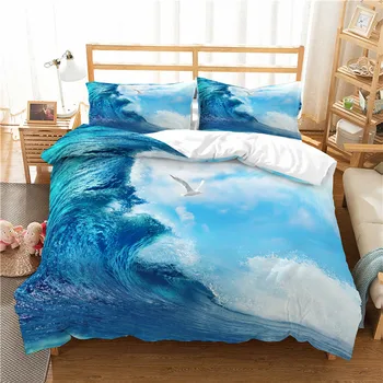 

Blue wave print bedding set twin size duvet cover with pillowcase bed set luxury bedding best gift free shipping
