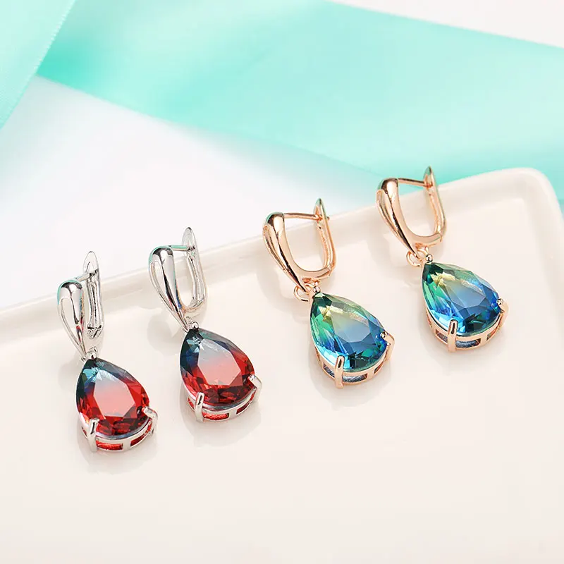 MAIKALE New Water Drop Gradient Blue Long Earrings Women Fashion Rose Gold Fine Jewelry Tourmaline Zircon Glass Dangle Earrings