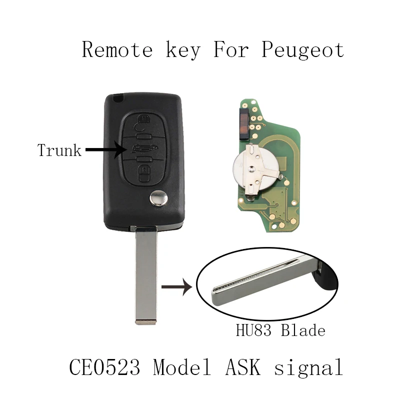 

3BT Trunk Button Remote key For for PEUGEOT 807 407 308 307 207 CC SW CE0523 model&HU83 Blade Original Key ASK signal