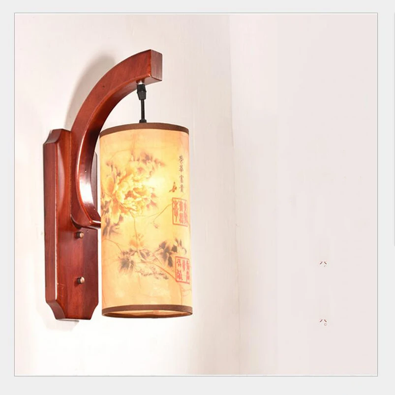 Retro Chinese wall lamp wall sconce antique Wood Parchme stair aisle corridor bedroom living room cafe lamp,E27 wall light bra