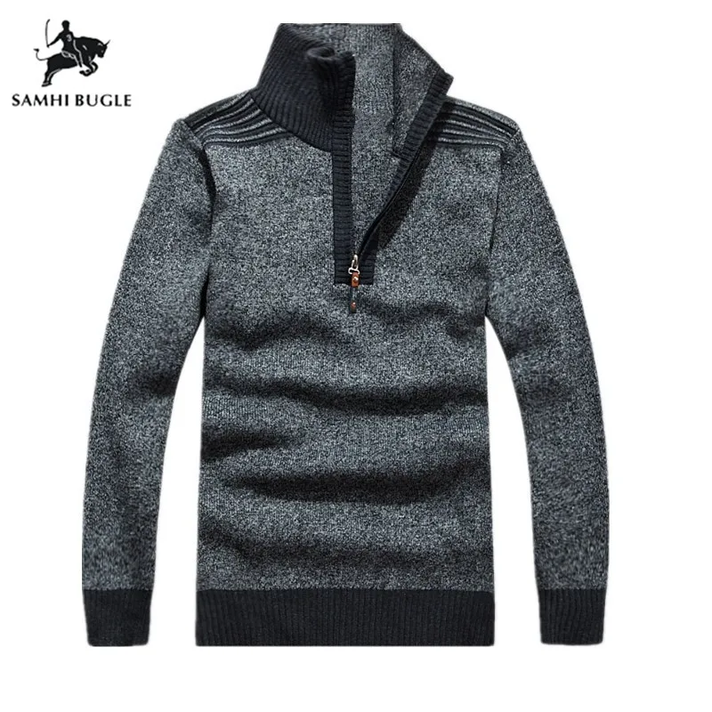 Mens Sweaters 2019 Cashmere Thicker Sweater Men Fashion Sweater Chest Pocket Stand Collar Zipper Slim Christmas Jersey Man