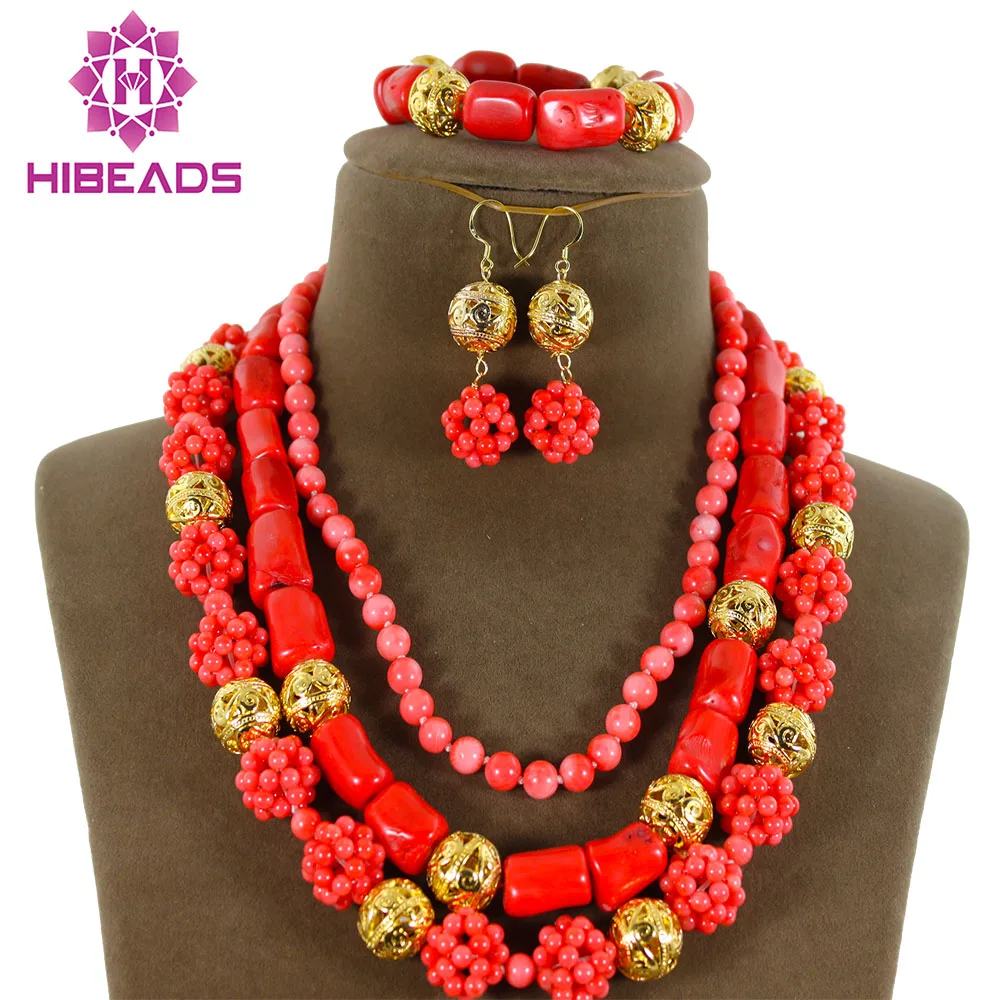 

Natural Coral Necklace Sets Handmade Knitted 3 Rows Coral Jewelry Sets Wedding Jewelry Set CJ016
