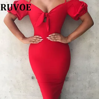

Hot Sale Red Black Short Puff Sleeve Bandage Dress Sexy Party Bodycon Dress Women Summer Knee Length Slim Pencil Dress TH-1