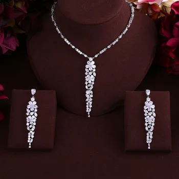 

janekelly Flower Cluster Flora Women Wedding Cubic Zirconia Statement Necklace Earring Jewelry Set