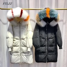 FTLZZ, зимние парки на белом утином пуху, пальто с капюшоном, свободная утепленная куртка средней длины, Воротник из енота, зимняя верхняя одежда, пальто для женщин