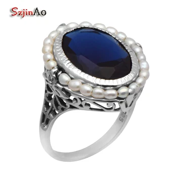 

Szjinao fashion female replica jewelry antique jewelry natural pearl Sapphrie 925 sterling silver cocktail ring