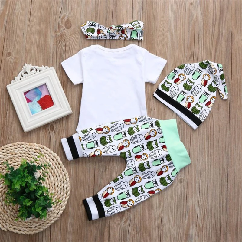 Drop shipping 2018 NEW  4Pcs Infant Baby Boys Girls Letter Print Rompers Jumpsuit Pants Hat Outfits Set                O0612#305