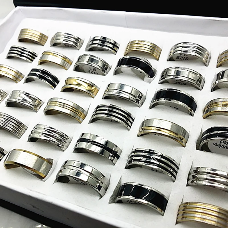 Оптом мужские кольца 100 шт серебро золото черный металл мужские из нержавеющей стали в полоску Эмаль Ювелирные изделия смешанные стили