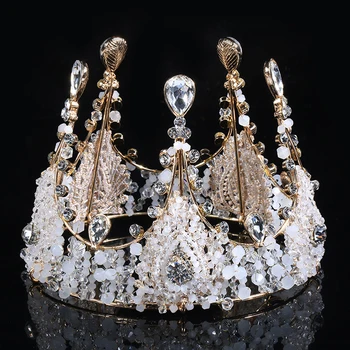 

Luxury Sparkly Golden Crown Handmade Beaded Crystal Shiny Baroque Style Tiaras For Bridal Wedding Jewelry Hair Accessories Hot