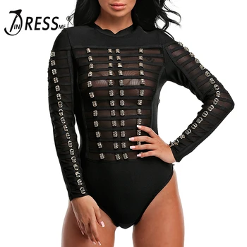 

INDRESSME 2019 New Arrival Women's Long Sleeve Jumpsuit Mesh Patchwork Beading Sexy Bandage Women Bodysuits High Quality Romper