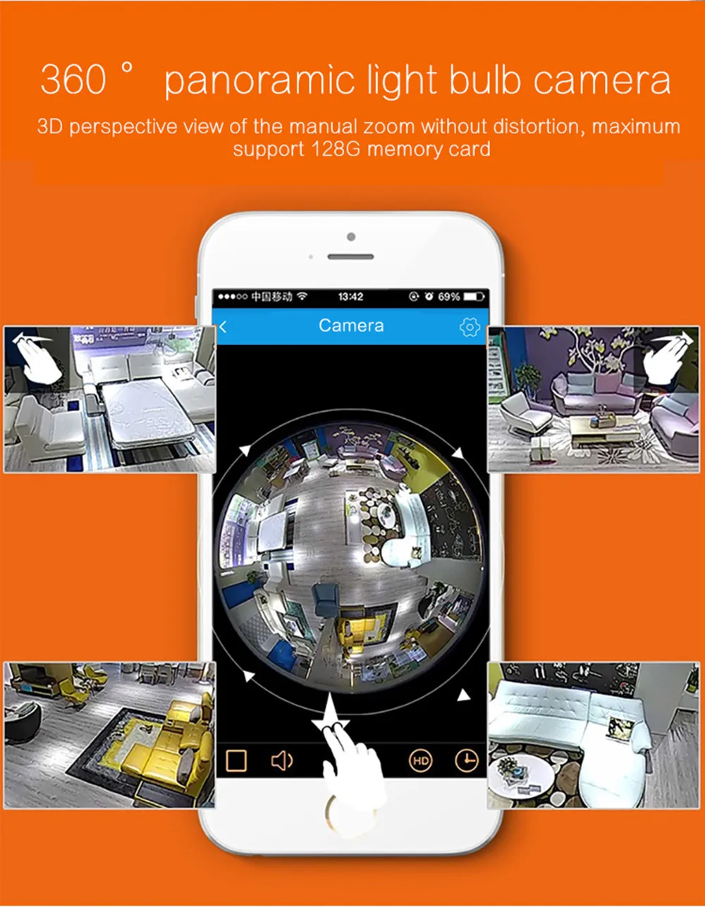 360 для панорамной съемки WI-FI Беспроводной типа «рыбий глаз» фонарь с линзой E27 лампы 1080 P HD 2MP IP Камера ИК Ночное Видение безопасности дома Интеллектуальный монитор