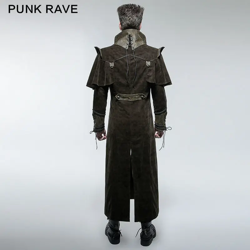 PUNK RAVE Mens Gothic Steampunk Leather Belts Long Jacket Coat Stage Performance Winter Long Trench Coat with Cape Windbreaker