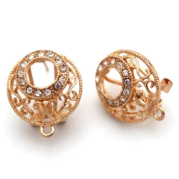 

Dubai Gold Earrings Post with Loop Connector Filigree Round Paved CZ Base Findings DIY Metal Chile Women Clip Wedding Earrings