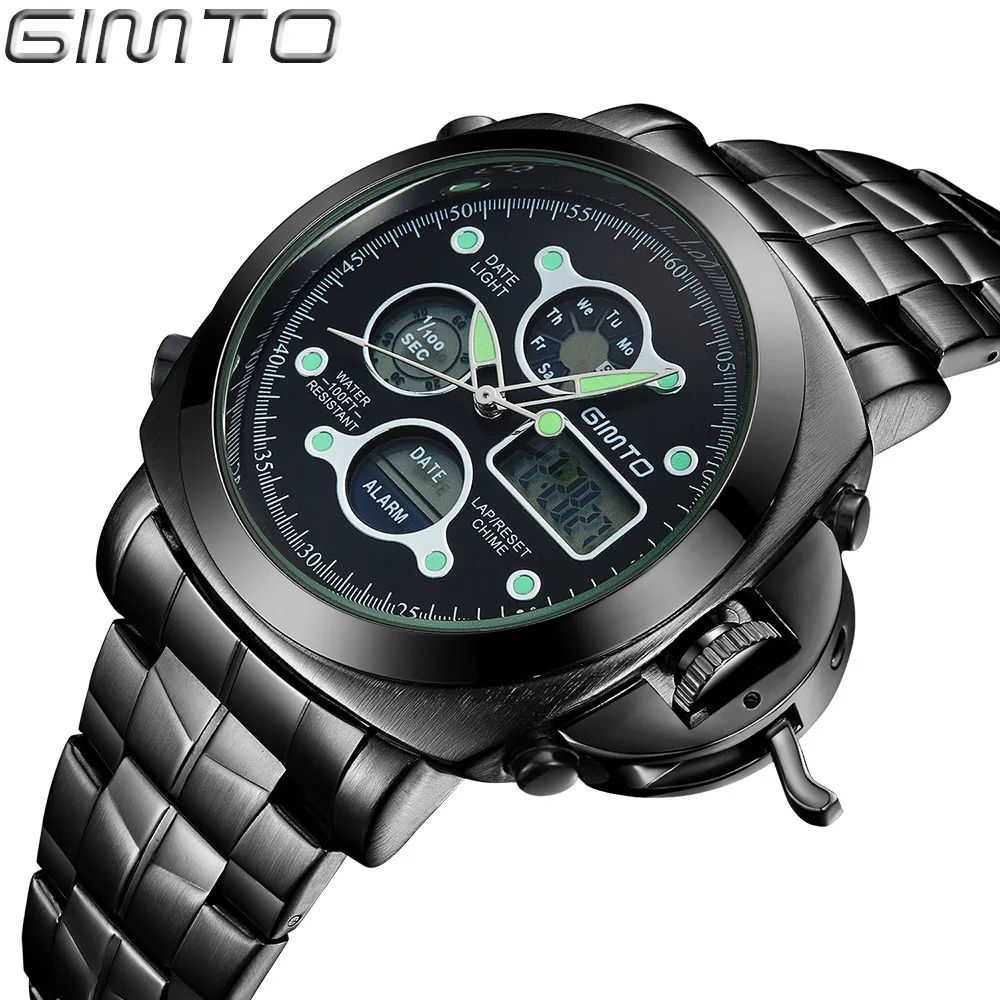 Luxury GIMTO Mens Watches Reloj Digital Quartz LED Analog Watches Stainless Steel Luminous Alarm Clock Men