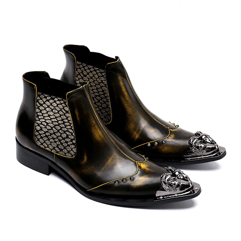 Auténtico Chelsea Vendimia Sl59 Hombres Más top Amarillo Calidad Alto Hombre Botines Punta Alta Cuero Zapatos Estrecha Tamaño De Tachonado wnqf7wZFp