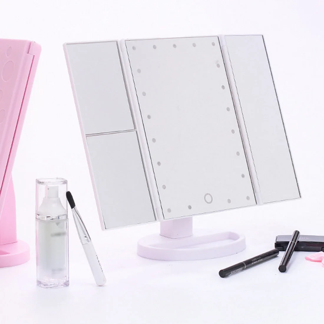 

Desktop Touch-Lighting Up Touch Screen Magnifiying 3 Folding Adjustable Beauty Mirror Makeup with LED Light Mirror.