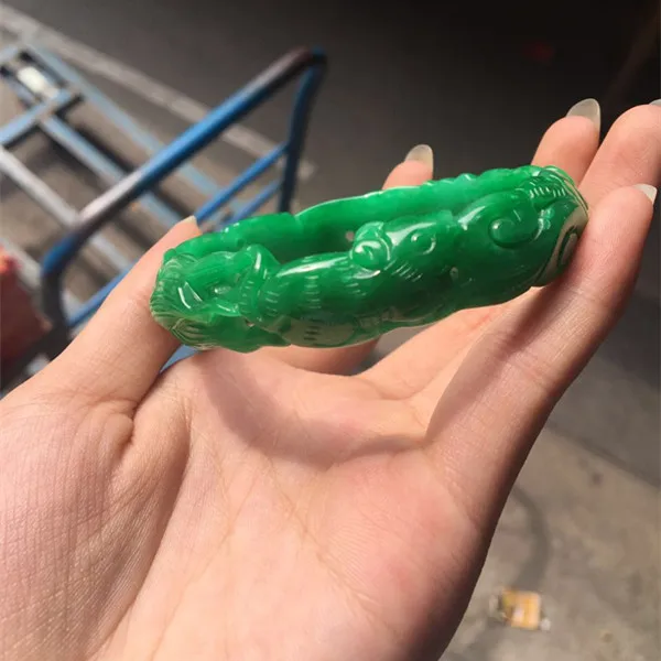 

Myanmar natural jadeite dry blue hollow deep carved Bracelet emerald emperor green bracelet